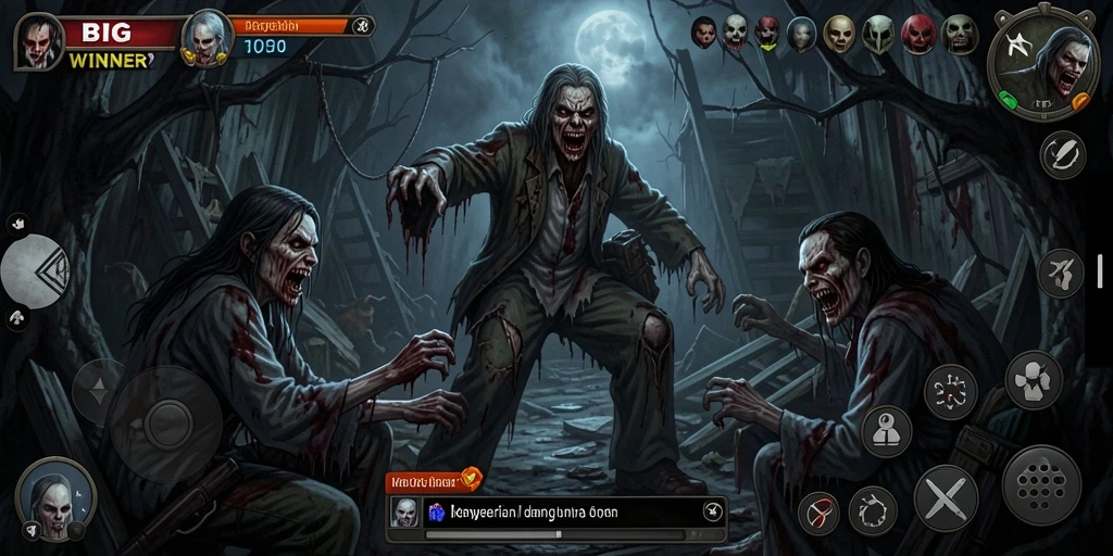 Screenshot gameplay BIGWINNER menampilkan suasana gelap dan menakutkan.