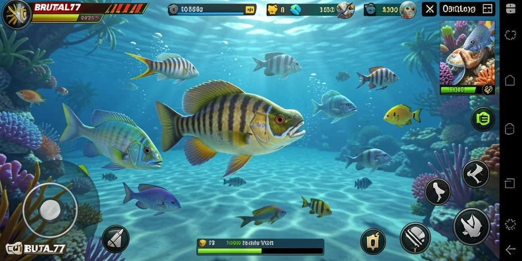 Tampilan gameplay seru di BRUTAL77 saat berburu ikan.