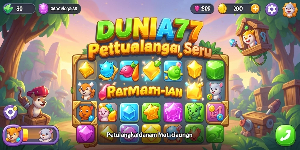 Gameplay seru DUNIA77 dengan kombinasi permata warna-warni.