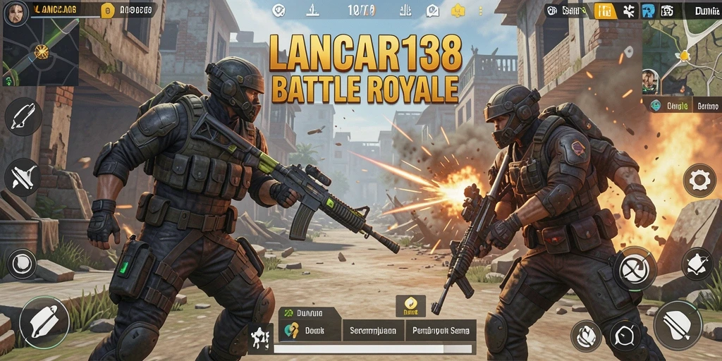 Screenshot gameplay LANCAR138 menampilkan aksi pertempuran Battle Royale yang mendebarkan.