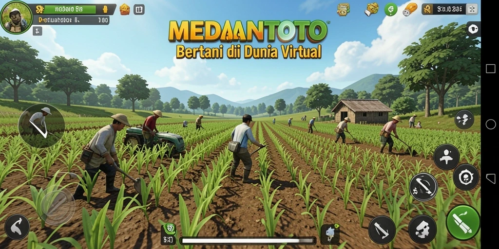 Tangkapan layar gameplay MEDANTOTO menampilkan kebun yang subur dan aktivitas bertani.
