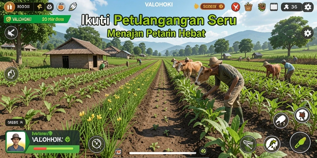 Screenshot VALOHOKI menampilkan petani sedang merawat ladang dengan grafis menarik.